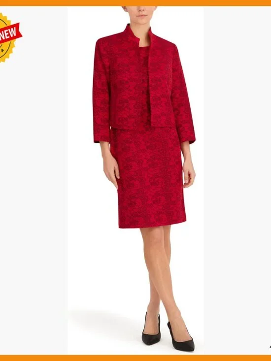 Work Dress Set Jacquard Jacket Empire Seamed Dress Two Piece Outfit - Picture 1 of 4